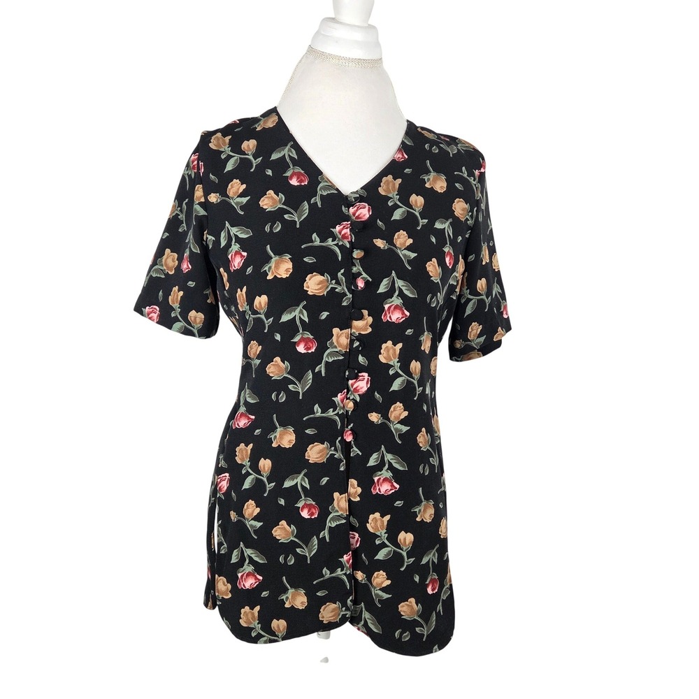 Vintage Black‎ Floral Print Button Up Slit Short Sleeve Top 90s Y2K Grunge